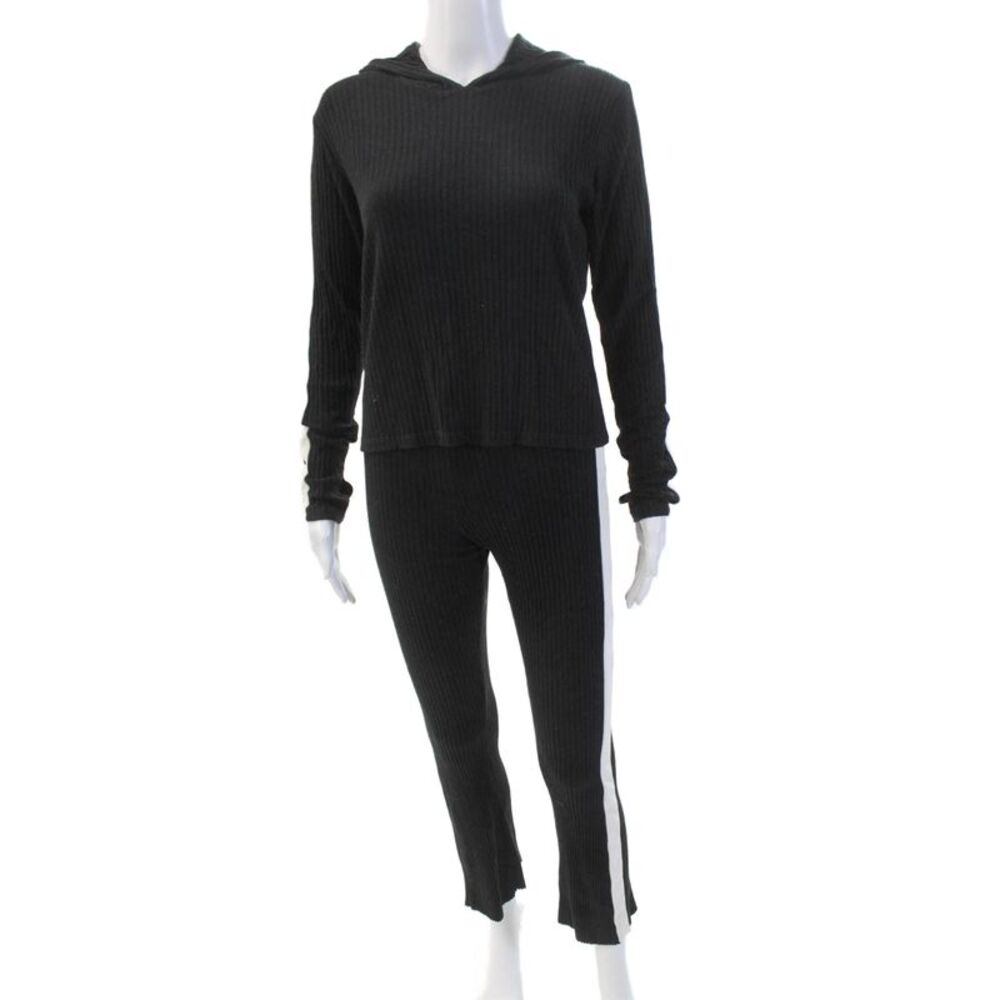 Cale Womens Cotton Ribbed Knit Stripe Hood Casual Top Pants Set Black Size L - Picture 1 of 10